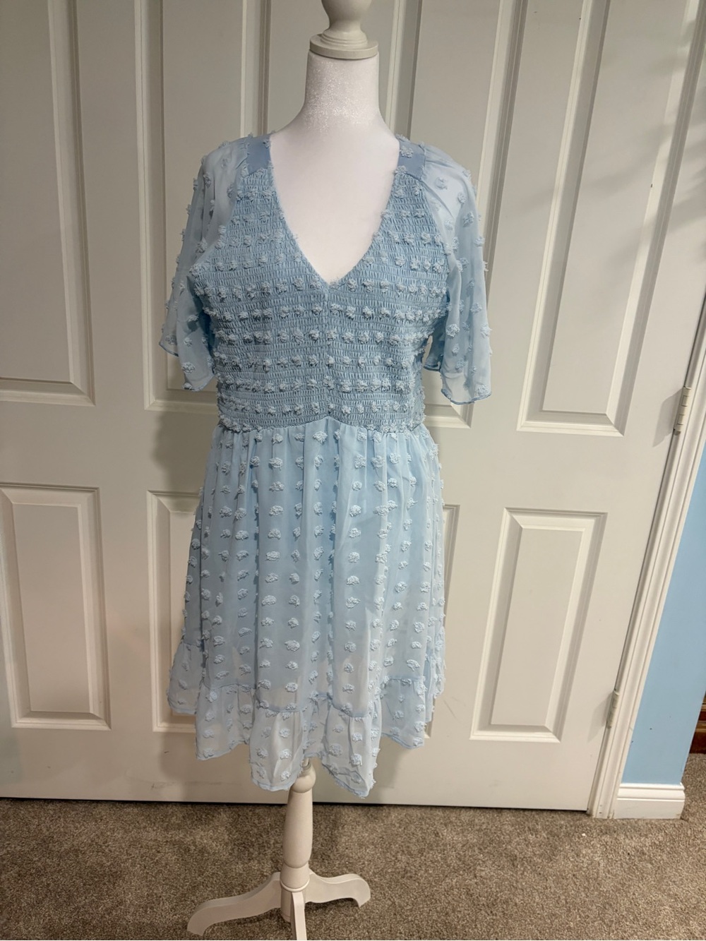 Smocked V-Neck Light Blue Mini Dress with Flutter Sleeves